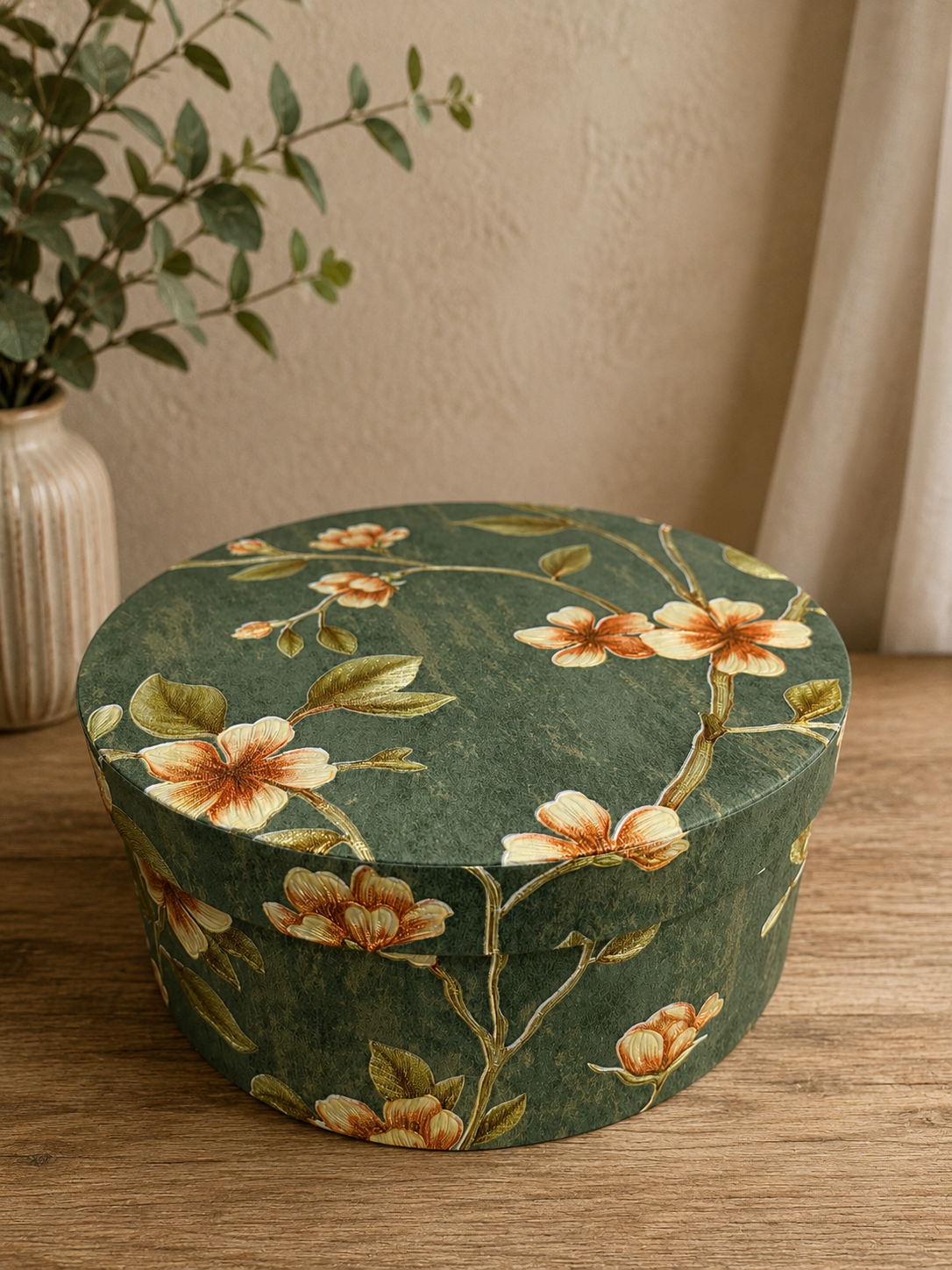 Ronde Opbergdoos Groen met Bloemenprint