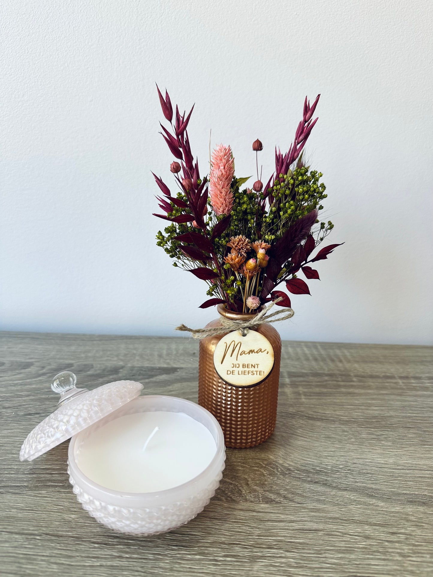 Set Boeketje Marie incl. vaasje en kaars (Mama jij bent de liefste)
