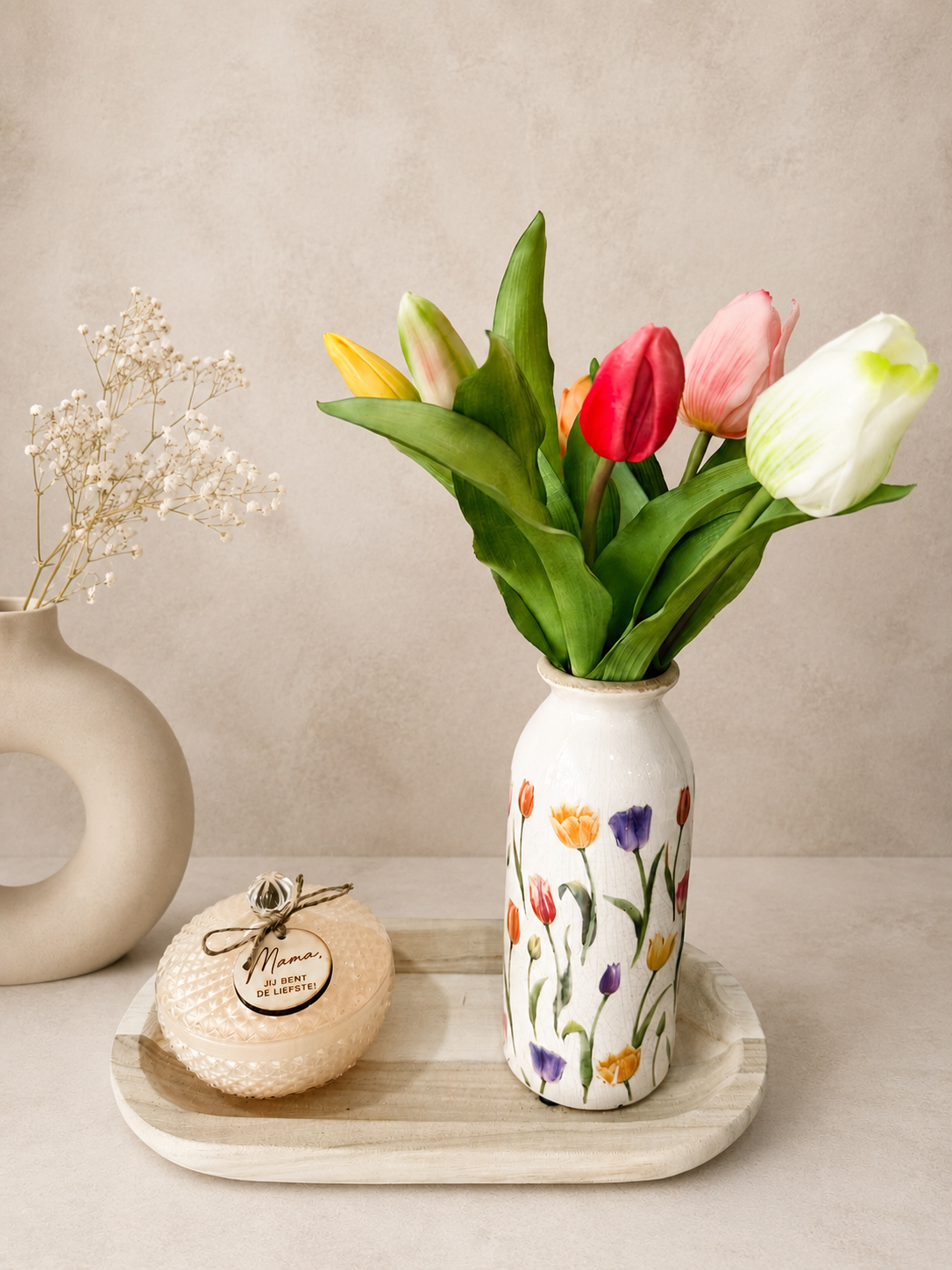 Set vaasje met kaars op houten schaal (Mama jij bent de liefste)