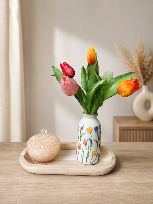 Set vaasje met kaars op houten schaal