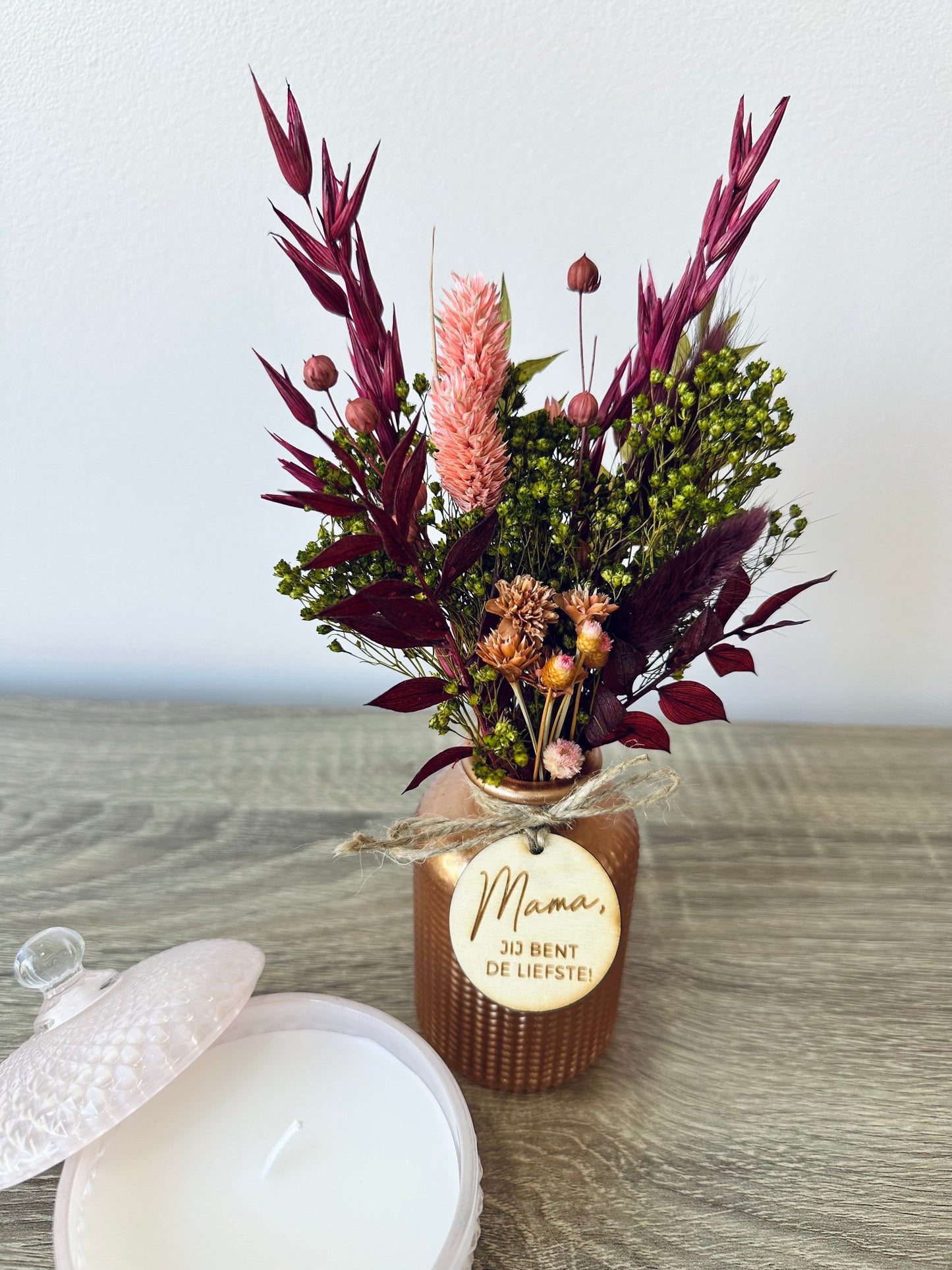 Set Boeketje Marie incl. vaasje en kaars (Mama jij bent de liefste)