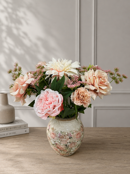 Zijden boeket Rosé Romance inclusief vaas